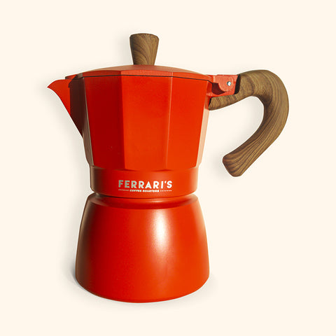 Red aluminium Ferrari's Coffee 3-cup moka pot with wooden-effect handleand
