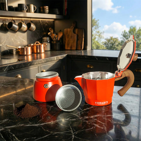 Red aluminium Ferrari's Coffee 3-cup moka pot with wooden-effect handleand